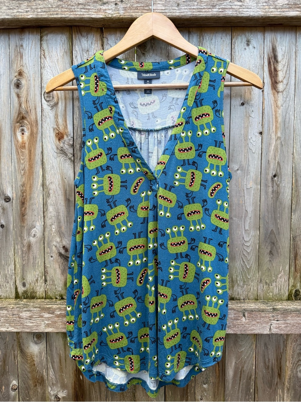 ModCloth Blue Jersey Tank w Green Monster Print Halloween Kitsch Kidult Animal